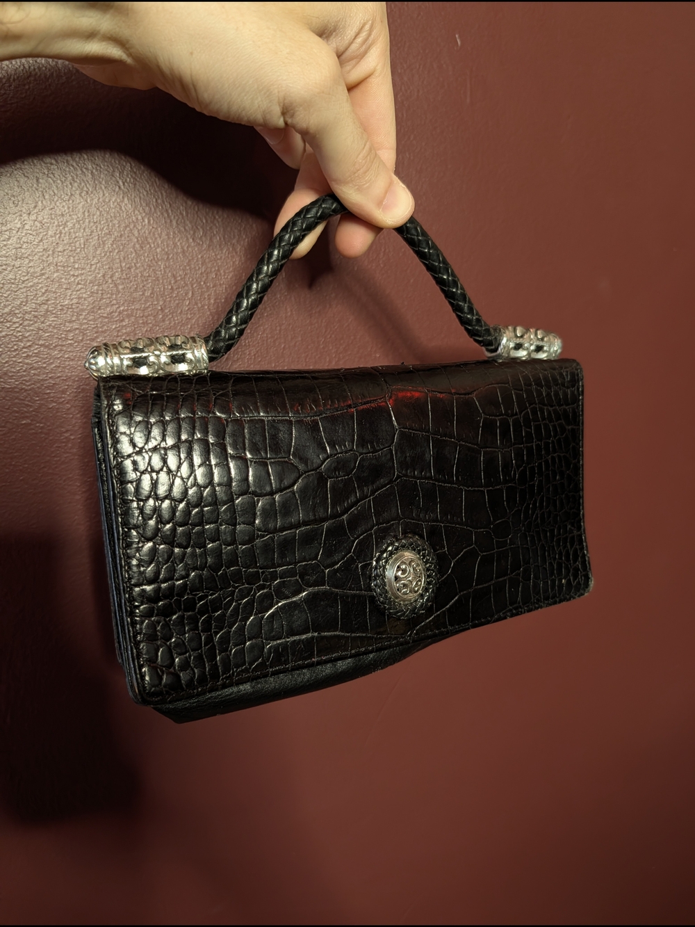 Brighton Black Alligator Silver Filigree Mini Woven Leather Top-Handle Bag
